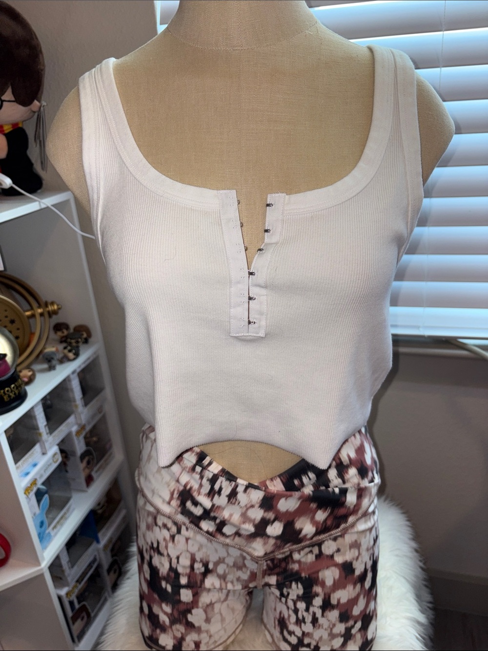 White Ribbed Tank Top with Snap Placket